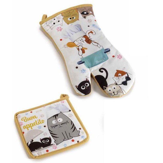 Set gant de cuisine et manique en coton imprimé "Funny Cats"