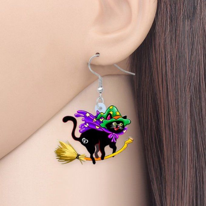 BONSNY – boucles d'oreilles chat noir en acrylique avec chapeau, breloques,  nouveauté, Animal mignon, goutte d'oreille, bijoux pour femmes, cadeaux d'halloween  pour adolescents - AliExpress