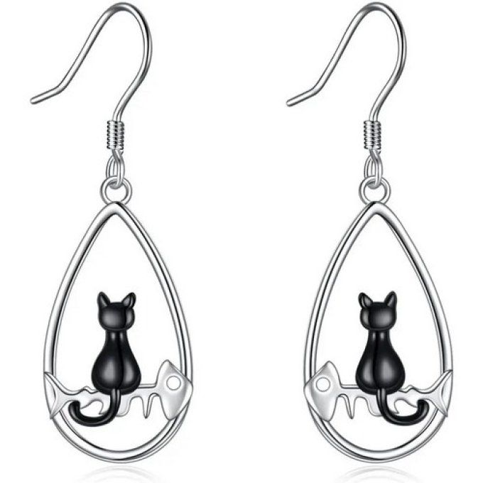 Boucles d'oreille chat noir sur arête