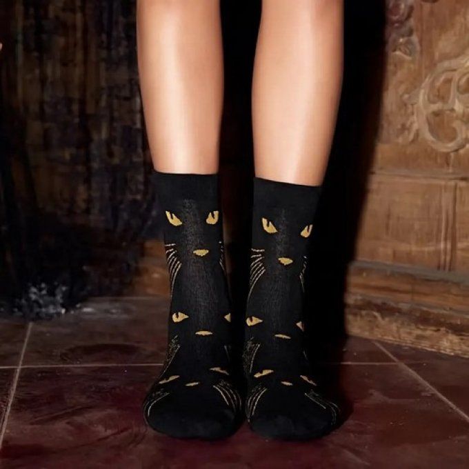 Chaussettes noires mi-hautes à motif de regard de chat,