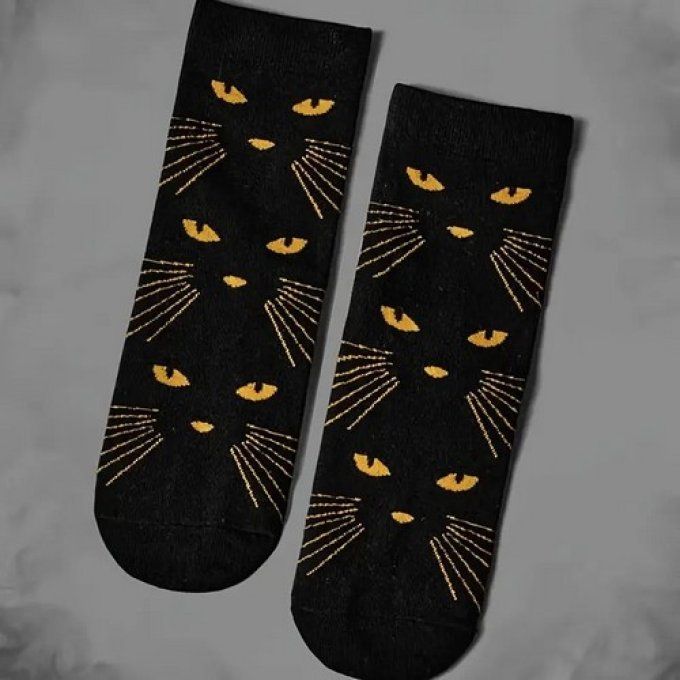 Chaussettes noires mi-hautes à motif de regard de chat,