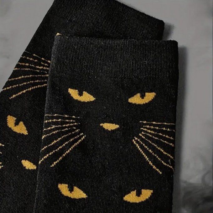 Chaussettes noires mi-hautes à motif de regard de chat,