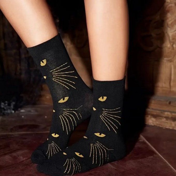 Chaussettes noires mi-hautes à motif de regard de chat,