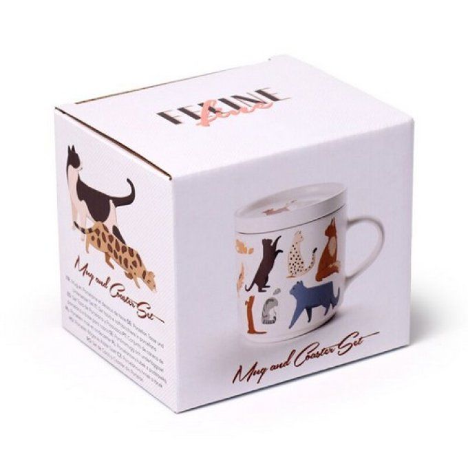 Ensemble Mug Porcelaine & Dessous de Tasse - Feline Fine Chats 